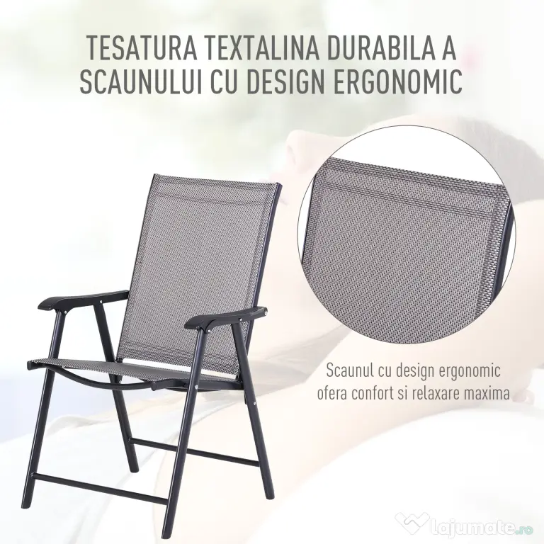 Set de 2 Scaune Pliabile Outsunny pentru Exterior,Otel si Textilen, Gri si Negru | Aosom Romania