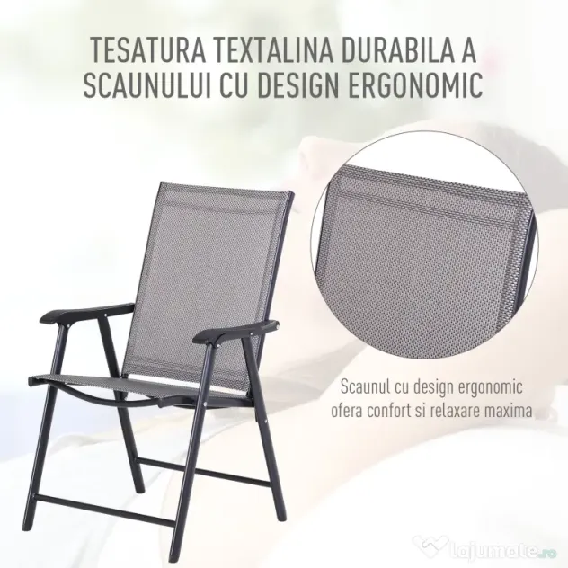 Set de 2 Scaune Pliabile Outsunny pentru Exterior,Otel si Textilen, Gri si Negru | Aosom Romania