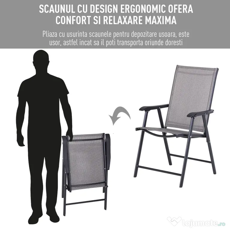 Set de 2 Scaune Pliabile Outsunny pentru Exterior,Otel si Textilen, Gri si Negru | Aosom Romania
