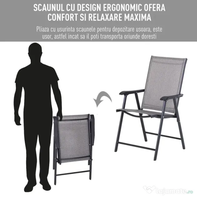 Set de 2 Scaune Pliabile Outsunny pentru Exterior,Otel si Textilen, Gri si Negru | Aosom Romania