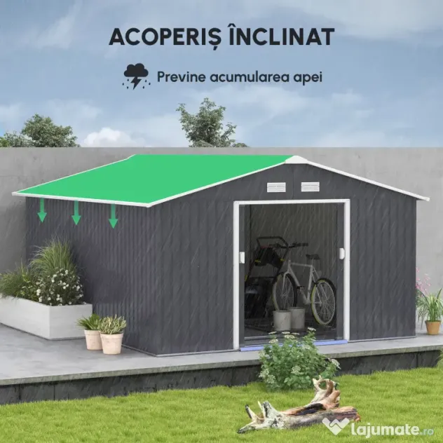 Outsunny magazie unelte, sopron din otel galvanizat, casuta de gradina pentru unelte de gradina 3.4x3.86x2m | AOSOM RO