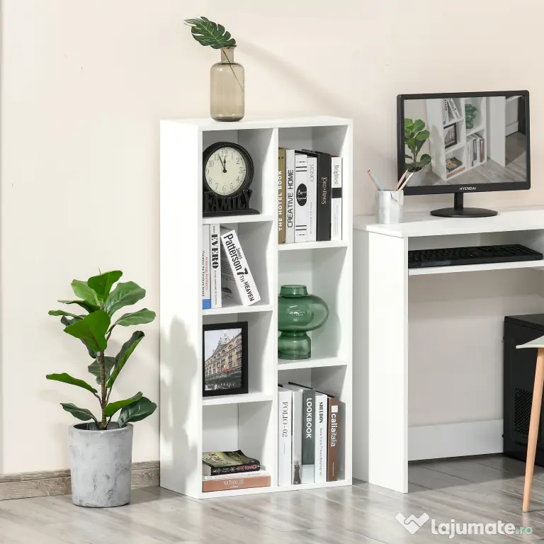 HOMCOM Bibliotecă din Lem Stil Vintage Cubica cu 7 Suporturi Diferite din MDF pentru Casă și Birou, 50x24x106 cm, Alb | Aosom Romania