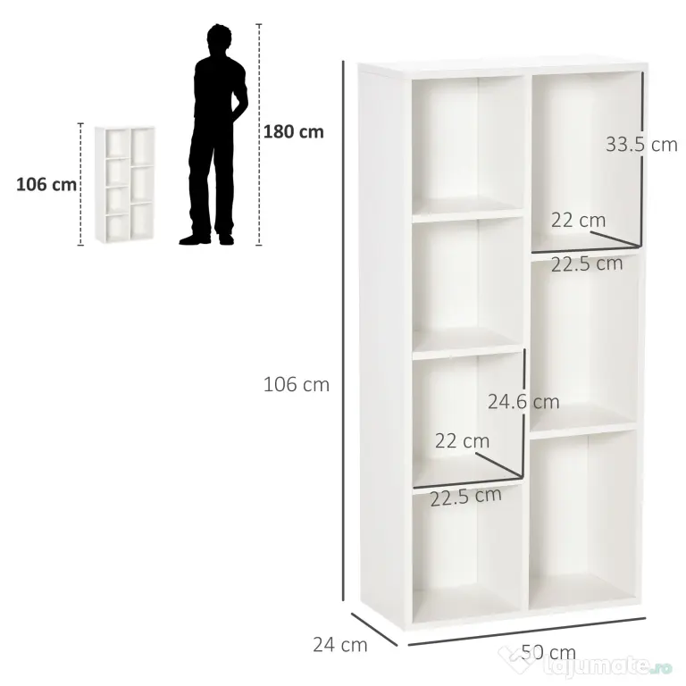 HOMCOM Bibliotecă din Lem Stil Vintage Cubica cu 7 Suporturi Diferite din MDF pentru Casă și Birou, 50x24x106 cm, Alb | Aosom Romania