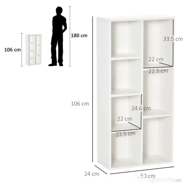 HOMCOM Bibliotecă din Lem Stil Vintage Cubica cu 7 Suporturi Diferite din MDF pentru Casă și Birou, 50x24x106 cm, Alb | Aosom Romania
