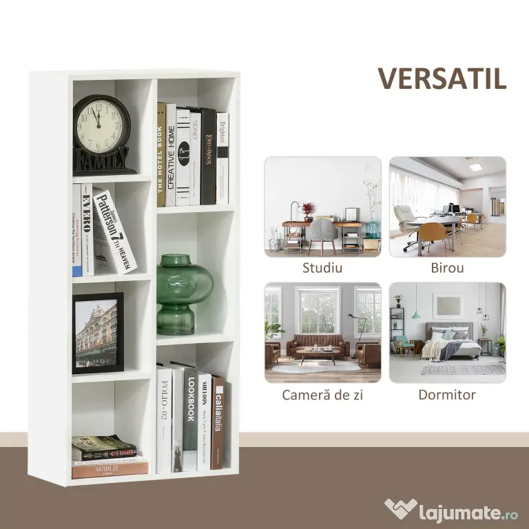 HOMCOM Bibliotecă din Lem Stil Vintage Cubica cu 7 Suporturi Diferite din MDF pentru Casă și Birou, 50x24x106 cm, Alb | Aosom Romania