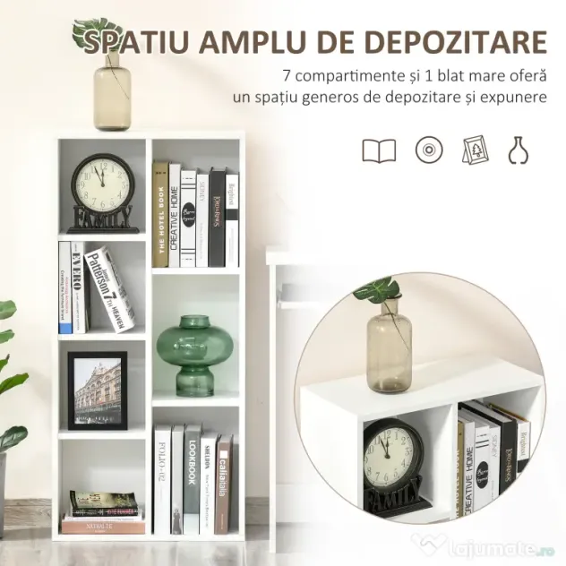 HOMCOM Bibliotecă din Lem Stil Vintage Cubica cu 7 Suporturi Diferite din MDF pentru Casă și Birou, 50x24x106 cm, Alb | Aosom Romania