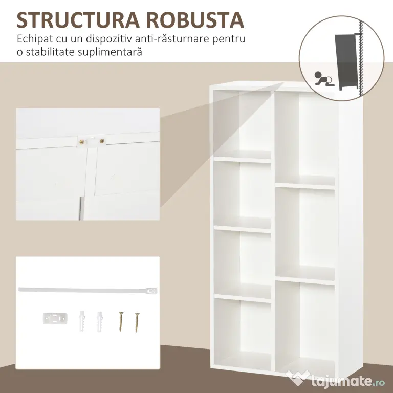 HOMCOM Bibliotecă din Lem Stil Vintage Cubica cu 7 Suporturi Diferite din MDF pentru Casă și Birou, 50x24x106 cm, Alb | Aosom Romania