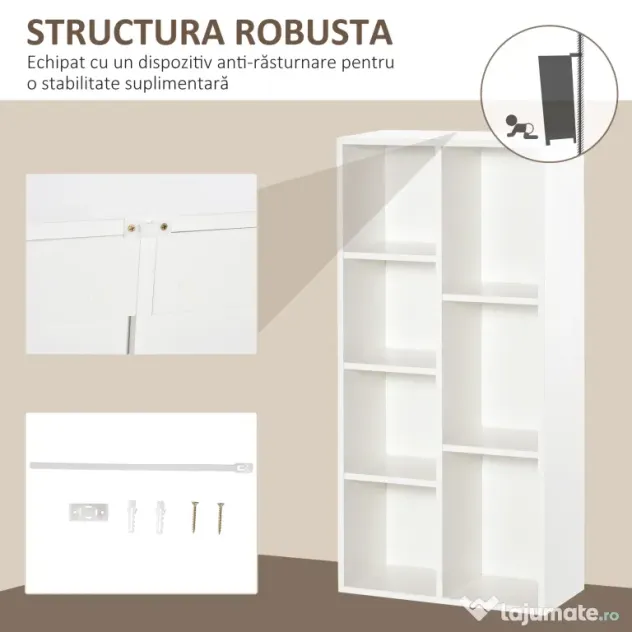 HOMCOM Bibliotecă din Lem Stil Vintage Cubica cu 7 Suporturi Diferite din MDF pentru Casă și Birou, 50x24x106 cm, Alb | Aosom Romania
