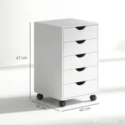 HOMCOM Comodă de Birou cu 5 Sertare și Roți Pivotante cu Frâne, 40x40x67 cm, Albă