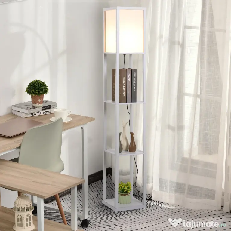 Lampa de Podea HOMCOM cu 3 Polite Integrate, Cuplare E27 Putere 40W, MDF, 26x26x160cm, Alb | Aosom Romania