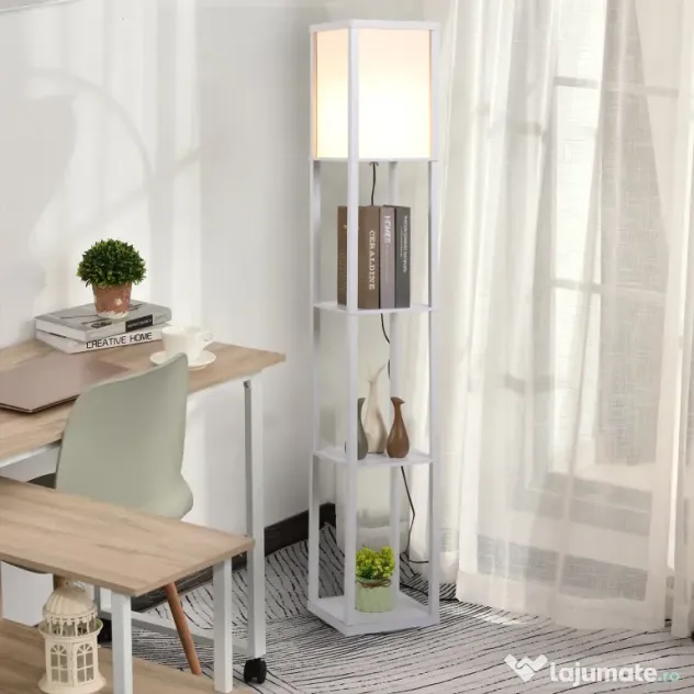 Lampa de Podea HOMCOM cu 3 Polite Integrate, Cuplare E27 Putere 40W, MDF, 26x26x160cm, Alb | Aosom Romania