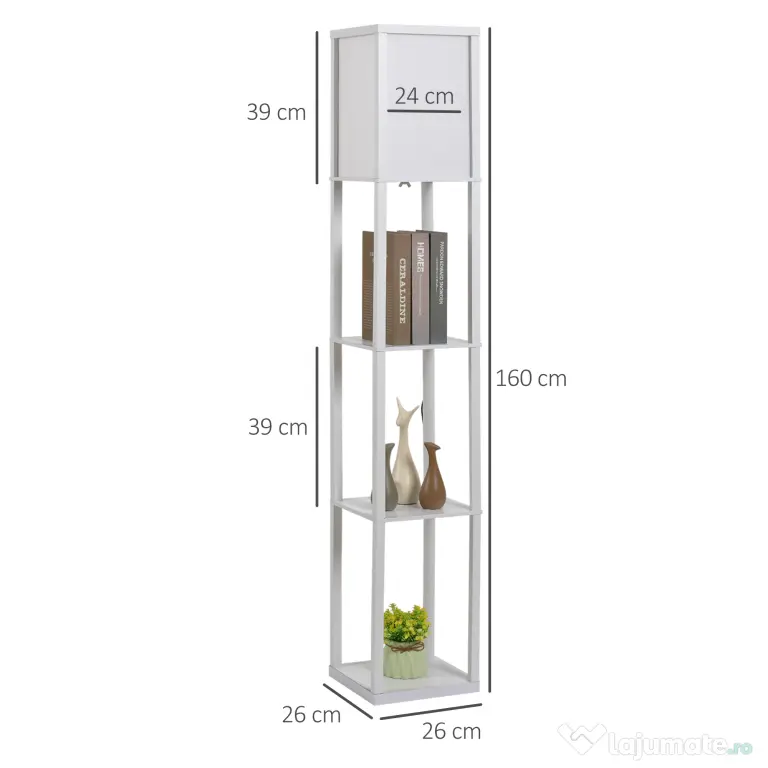 Lampa de Podea HOMCOM cu 3 Polite Integrate, Cuplare E27 Putere 40W, MDF, 26x26x160cm, Alb | Aosom Romania