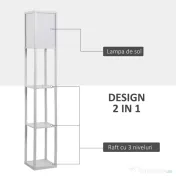 Lampa de Podea HOMCOM cu 3 Polite Integrate, Cuplare E27 Putere 40W, MDF, 26x26x160cm, Alb | Aosom Romania 