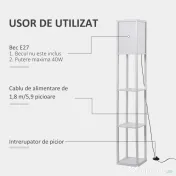 Lampa de Podea HOMCOM cu 3 Polite Integrate, Cuplare E27 Putere 40W, MDF, 26x26x160cm, Alb | Aosom Romania 