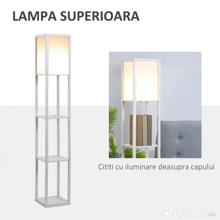 Lampa de Podea HOMCOM cu 3 Polite Integrate, Cuplare E27 Putere 40W, MDF, 26x26x160cm, Alb | Aosom Romania