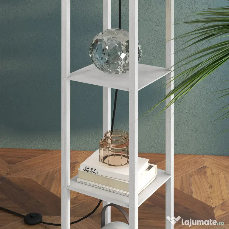 Lampa de Podea HOMCOM cu 3 Polite Integrate, Cuplare E27 Putere 40W, MDF, 26x26x160cm, Alb | Aosom Romania