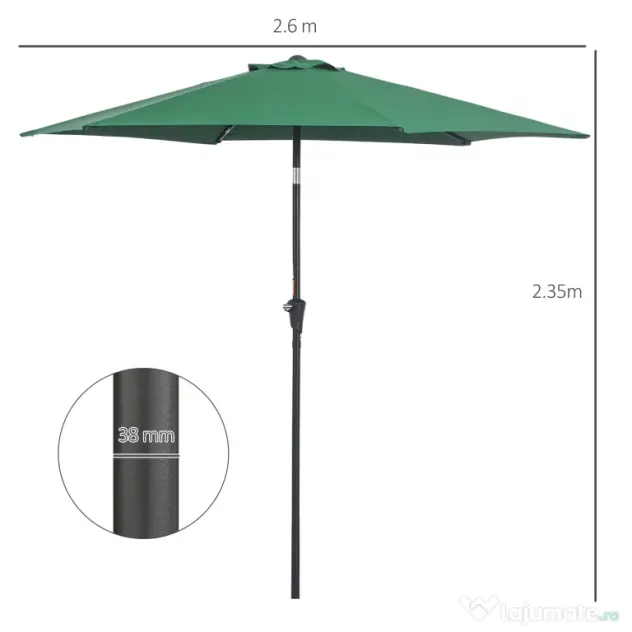 Outsunny Umbrelă Reclinabilă pentru Plajă și Grădină, Aluminiu și Poliester, Φ2.6×2.35m, Verde Închis | Aosom Romania