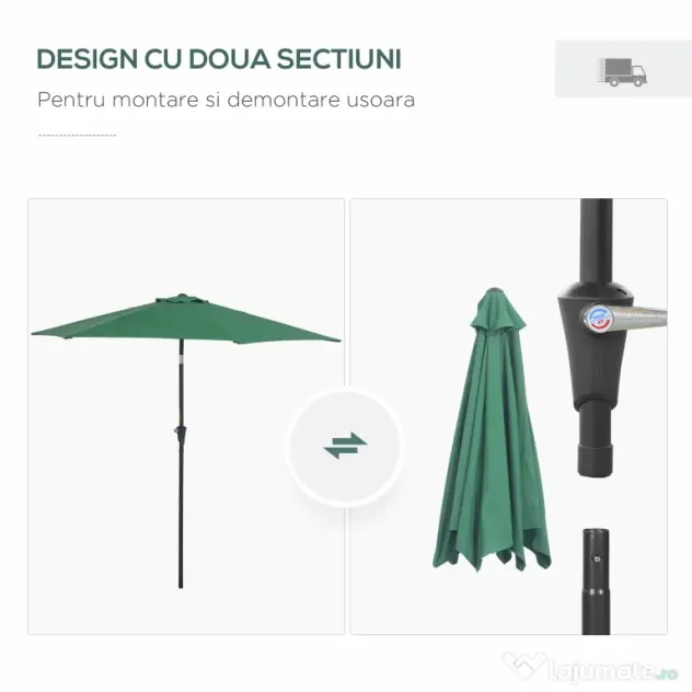 Outsunny Umbrelă Reclinabilă pentru Plajă și Grădină, Aluminiu și Poliester, Φ2.6×2.35m, Verde Închis | Aosom Romania