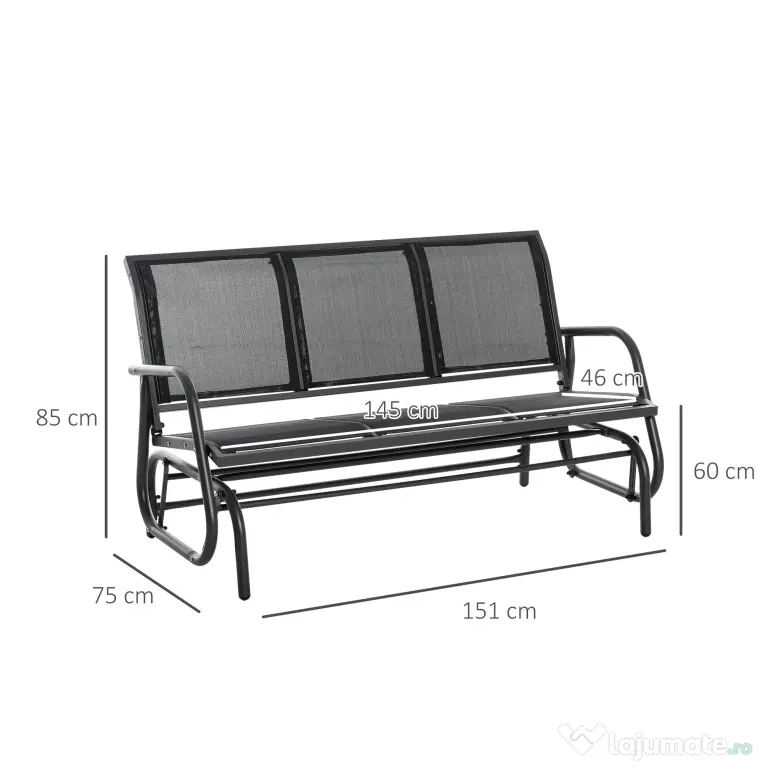 Outsunny Banca Leagan de Gradina cu 3 locuri, schelet Metalic si Tesatura transpiranta, Negru | Aosom Romania