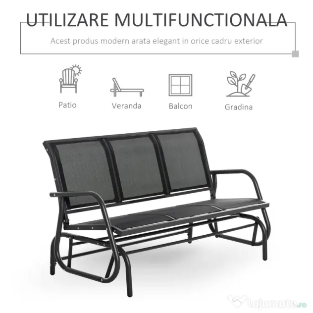Outsunny Banca Leagan de Gradina cu 3 locuri, schelet Metalic si Tesatura transpiranta, Negru | Aosom Romania