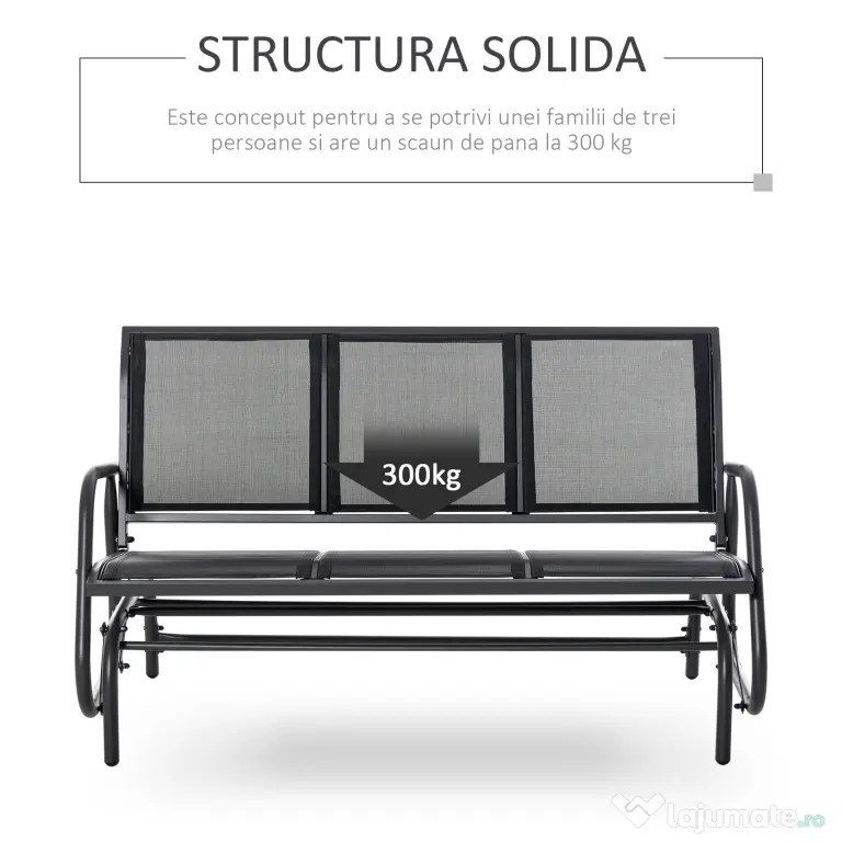 Outsunny Banca Leagan de Gradina cu 3 locuri, schelet Metalic si Tesatura transpiranta, Negru | Aosom Romania