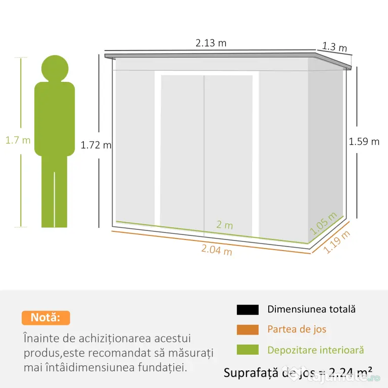 Outsunny Casuta de gradina din otel cu acoperis inclinat, usa glisanta dubla si orificii de aerisire, 213x130x173 cm | Aosom Romania