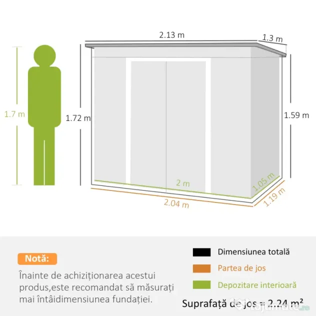 Outsunny Casuta de gradina din otel cu acoperis inclinat, usa glisanta dubla si orificii de aerisire, 213x130x173 cm | Aosom Romania