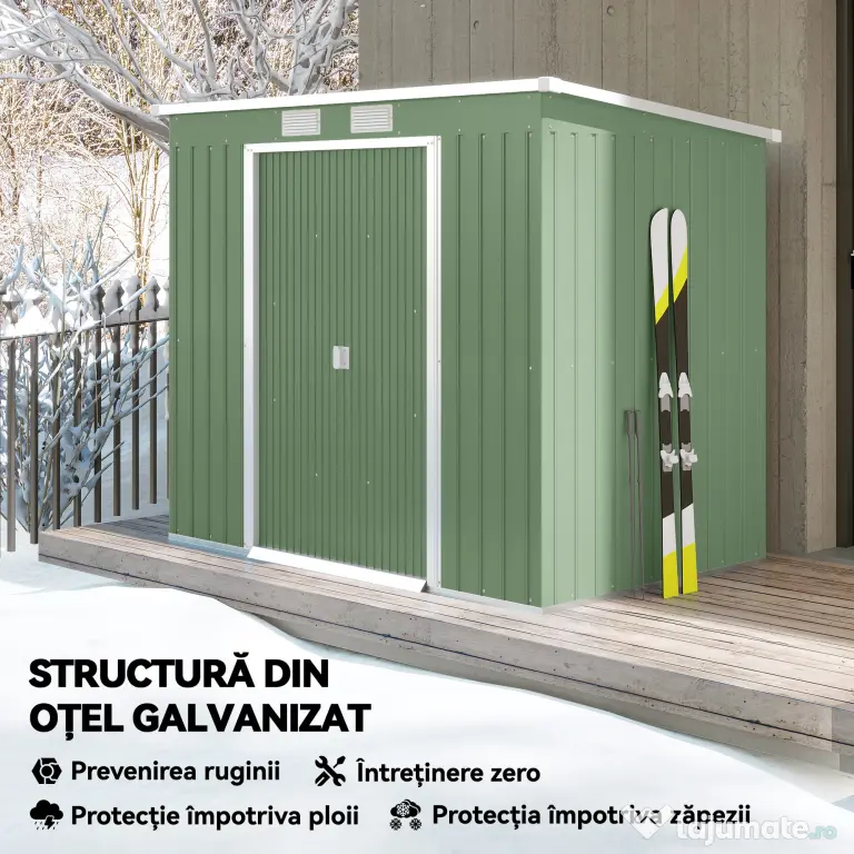 Outsunny Casuta de gradina din otel cu acoperis inclinat, usa glisanta dubla si orificii de aerisire, 213x130x173 cm | Aosom Romania