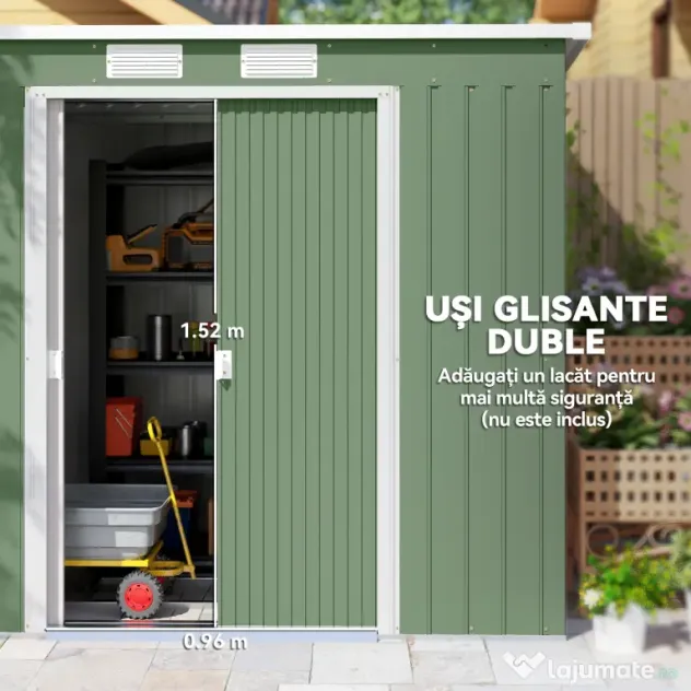 Outsunny Casuta de gradina din otel cu acoperis inclinat, usa glisanta dubla si orificii de aerisire, 213x130x173 cm | Aosom Romania