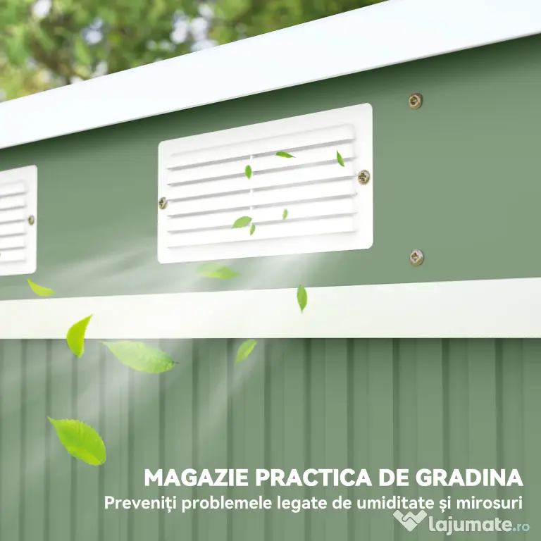 Outsunny Casuta de gradina din otel cu acoperis inclinat, usa glisanta dubla si orificii de aerisire, 213x130x173 cm | Aosom Romania