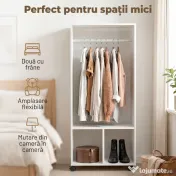 HOMCOM Cuier cu Bară din Aluminiu și 2 Rafturi Deschise, 60x40x128 cm, Alb | Aosom Romania 