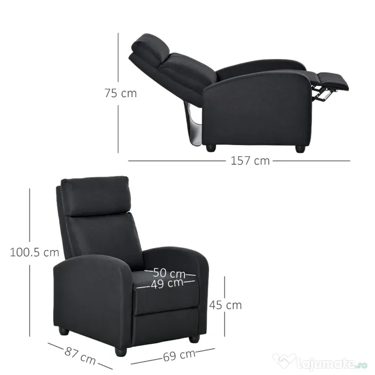 HOMCOM fotoliu recliner, 69x87x100,5cm, negru | AOSOM RO