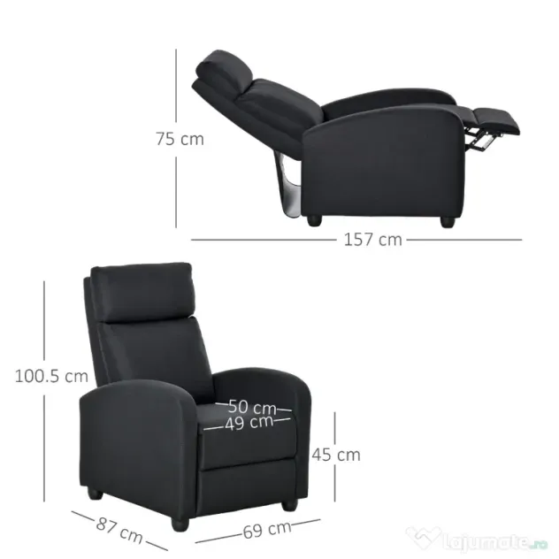 HOMCOM fotoliu recliner, 69x87x100,5cm, negru | AOSOM RO