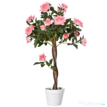 Outsunny Plantă Artificială de Trandafir cu 21 de Flori, cu Ghiveci din Ciment și Mușchi, Ø18x90 cm, Roz