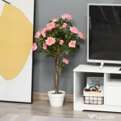 Outsunny Plantă Artificială de Trandafir cu 21 de Flori, cu Ghiveci din Ciment și Mușchi, Ø18x90 cm, Roz 