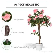 Outsunny Plantă Artificială de Trandafir cu 21 de Flori, cu Ghiveci din Ciment și Mușchi, Ø18x90 cm, Roz 