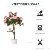 Outsunny Plantă Artificială de Trandafir cu 21 de Flori, cu Ghiveci din Ciment și Mușchi, Ø18x90 cm, Roz 