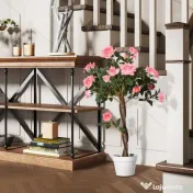 Outsunny Plantă Artificială de Trandafir cu 21 de Flori, cu Ghiveci din Ciment și Mușchi, Ø18x90 cm, Roz 