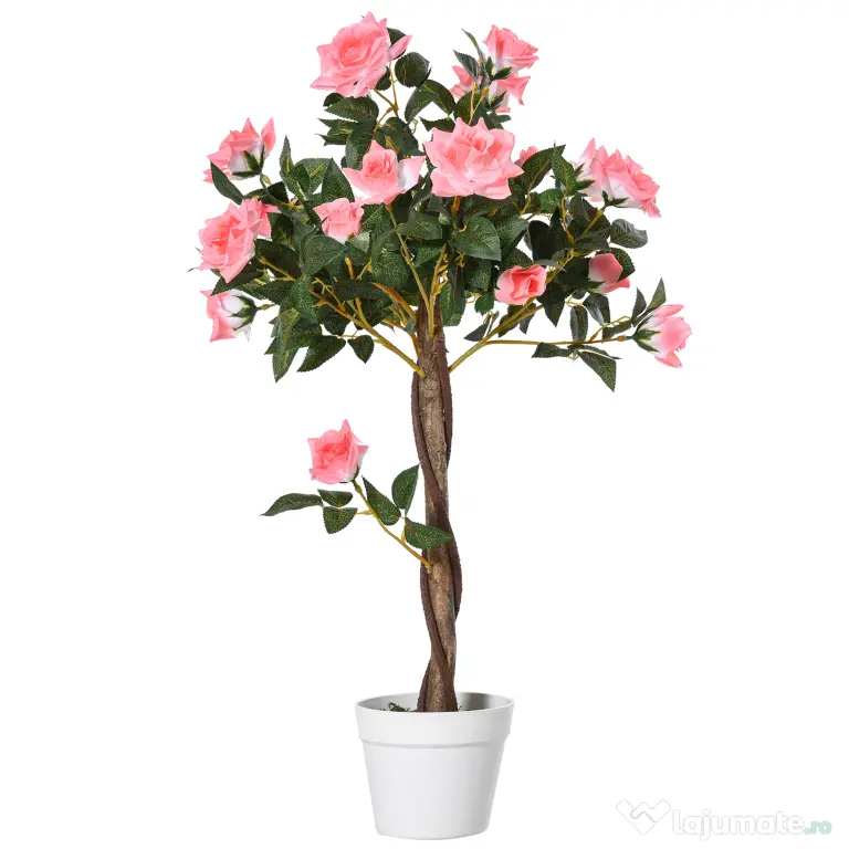 Outsunny Plantă Artificială de Trandafiri cu 21 de Flori, Ghiveci Umplut cu Ciment și Mușchi, Ø18x90 cm, Roz | Aosom Romania