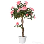 Outsunny Plantă Artificială de Trandafiri cu 21 de Flori, Ghiveci Umplut cu Ciment și Mușchi, Ø18x90 cm, Roz | Aosom Romania