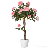 Outsunny Plantă Artificială de Trandafiri cu 21 de Flori, Ghiveci Umplut cu Ciment și Mușchi, Ø18x90 cm, Roz | Aosom Romania 