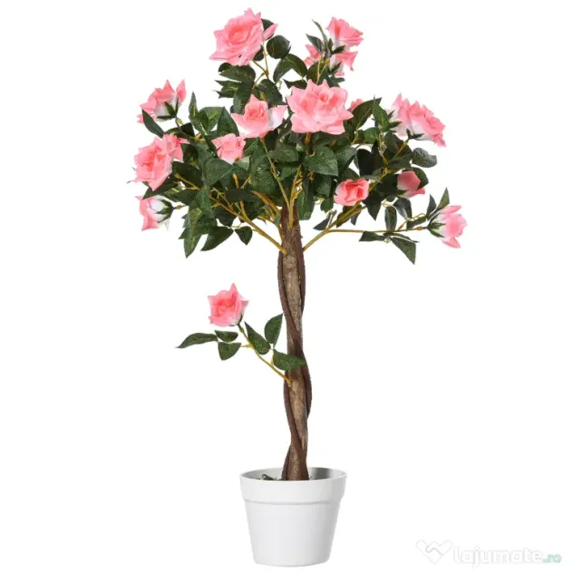 Outsunny Plantă Artificială de Trandafiri cu 21 de Flori, Ghiveci Umplut cu Ciment și Mușchi, Ø18x90 cm, Roz | Aosom Romania