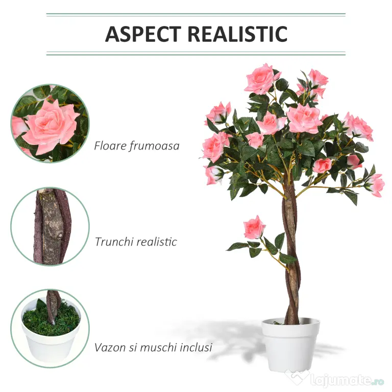 Outsunny Plantă Artificială de Trandafiri cu 21 de Flori, Ghiveci Umplut cu Ciment și Mușchi, Ø18x90 cm, Roz | Aosom Romania