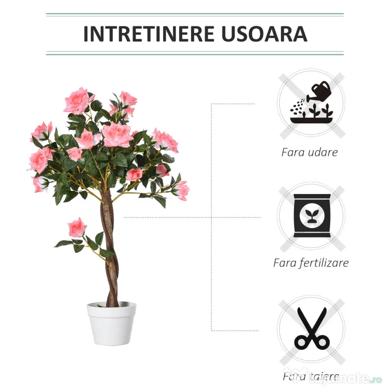 Outsunny Plantă Artificială de Trandafiri cu 21 de Flori, Ghiveci Umplut cu Ciment și Mușchi, Ø18x90 cm, Roz | Aosom Romania