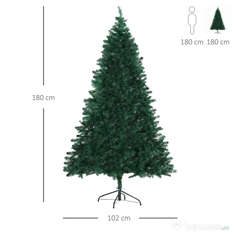 Brad de Craciun 180cm, brad artificial cu baza, brad verde, decoratiune de craciun de sarbatori HOMCOM | Aosom Romania