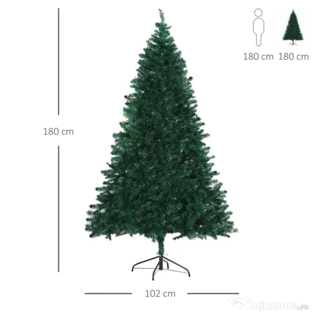 Brad de Craciun 180cm, brad artificial cu baza, brad verde, decoratiune de craciun de sarbatori HOMCOM | Aosom Romania
