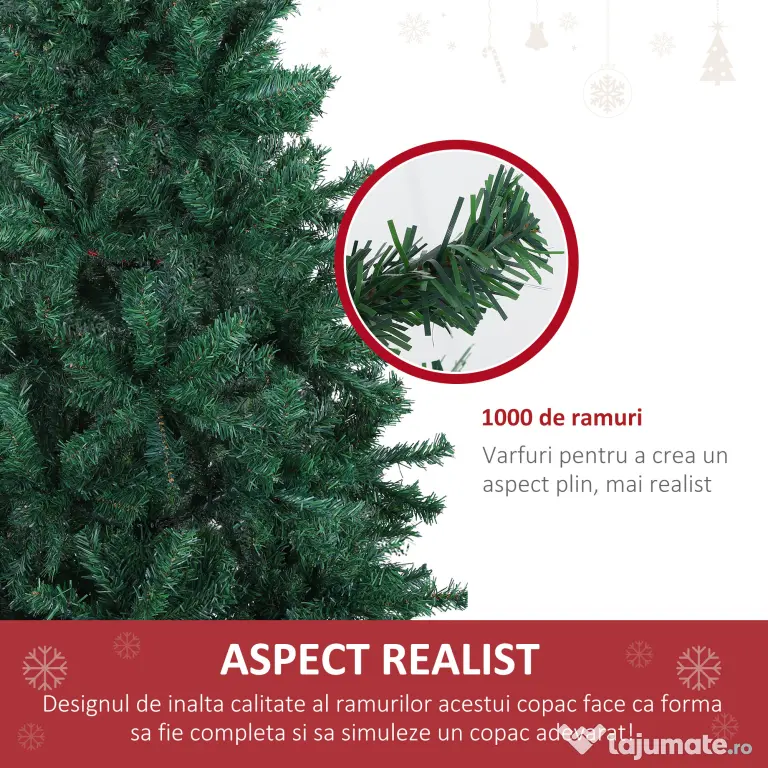 Brad de Craciun 180cm, brad artificial cu baza, brad verde, decoratiune de craciun de sarbatori HOMCOM | Aosom Romania