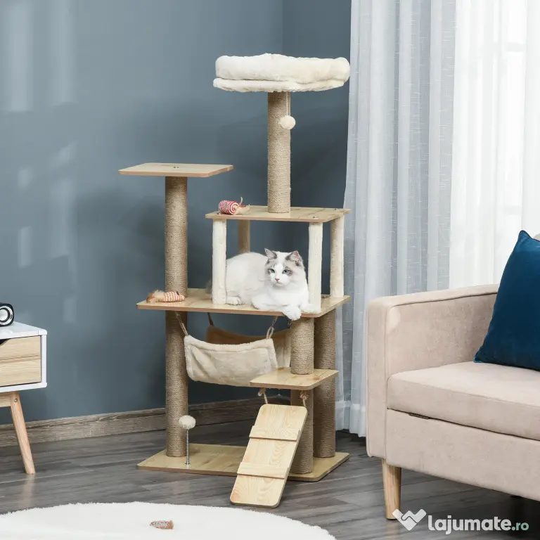 PawHut Ansamblu de Joacă pentru Pisici Compac, Zgariere și Distracție, Lemn și Plush, Dimensiuni 60 x 40 x 130 cm, Galben | Aosom România