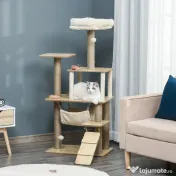 PawHut Ansamblu de Joacă pentru Pisici Compac, Zgariere și Distracție, Lemn și Plush, Dimensiuni 60 x 40 x 130 cm, Galben | Aosom România