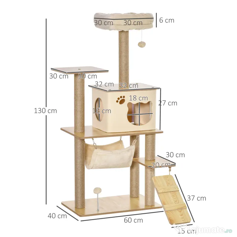 PawHut Ansamblu de Joacă pentru Pisici Compac, Zgariere și Distracție, Lemn și Plush, Dimensiuni 60 x 40 x 130 cm, Galben | Aosom România